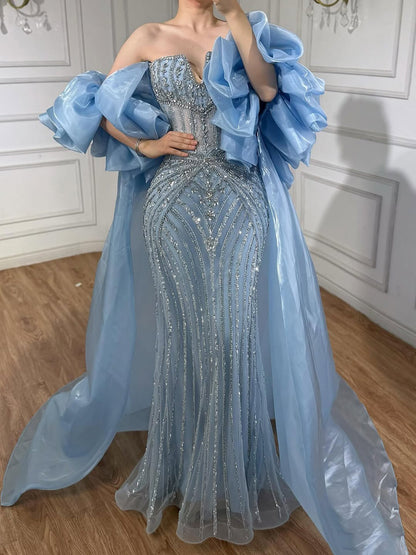 Luxury Blue Diamond Beaded Evening Dress with Ruffle Cape LA73141