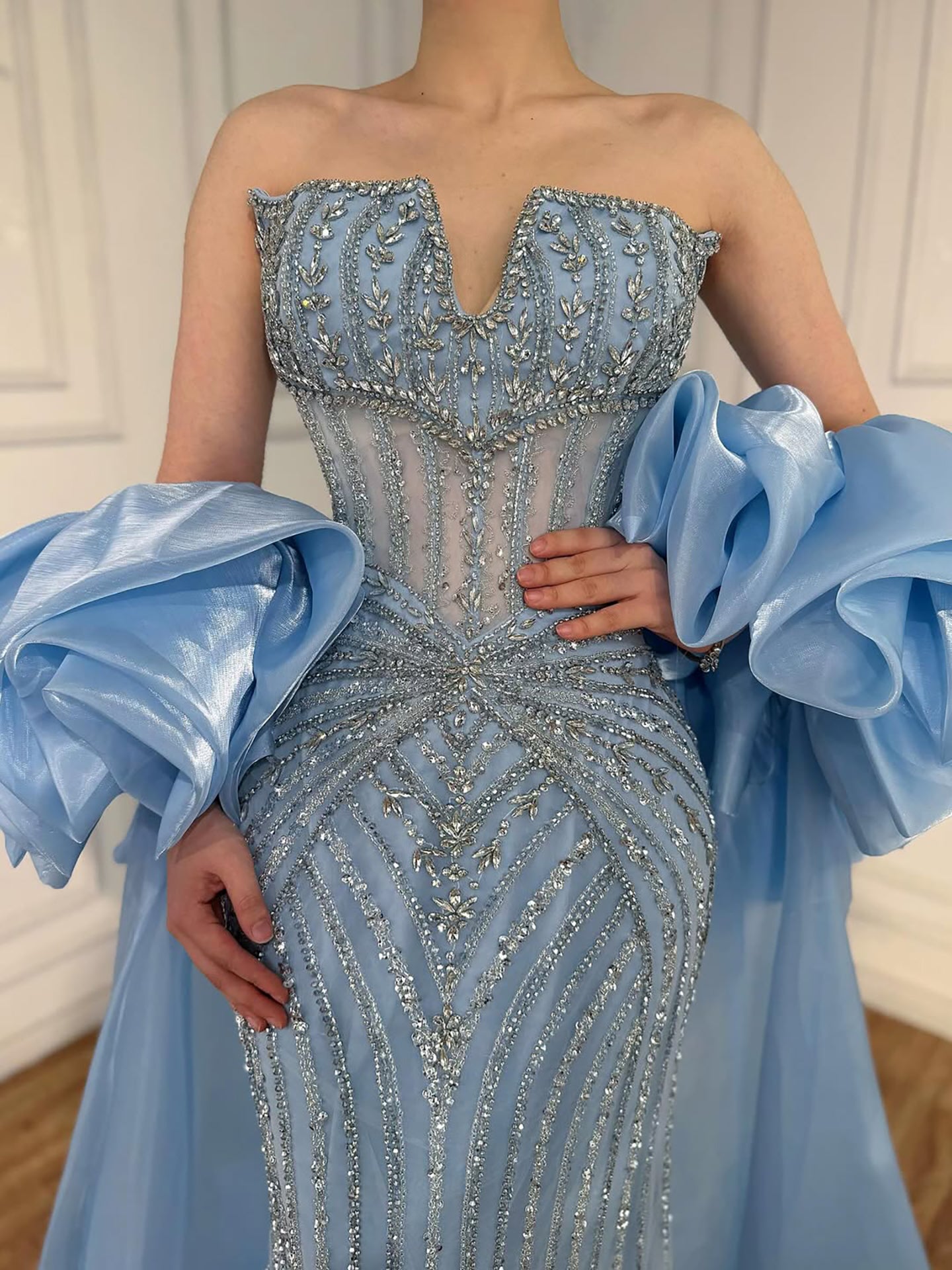 Luxury Blue Diamond Beaded Evening Dress with Ruffle Cape LA73141