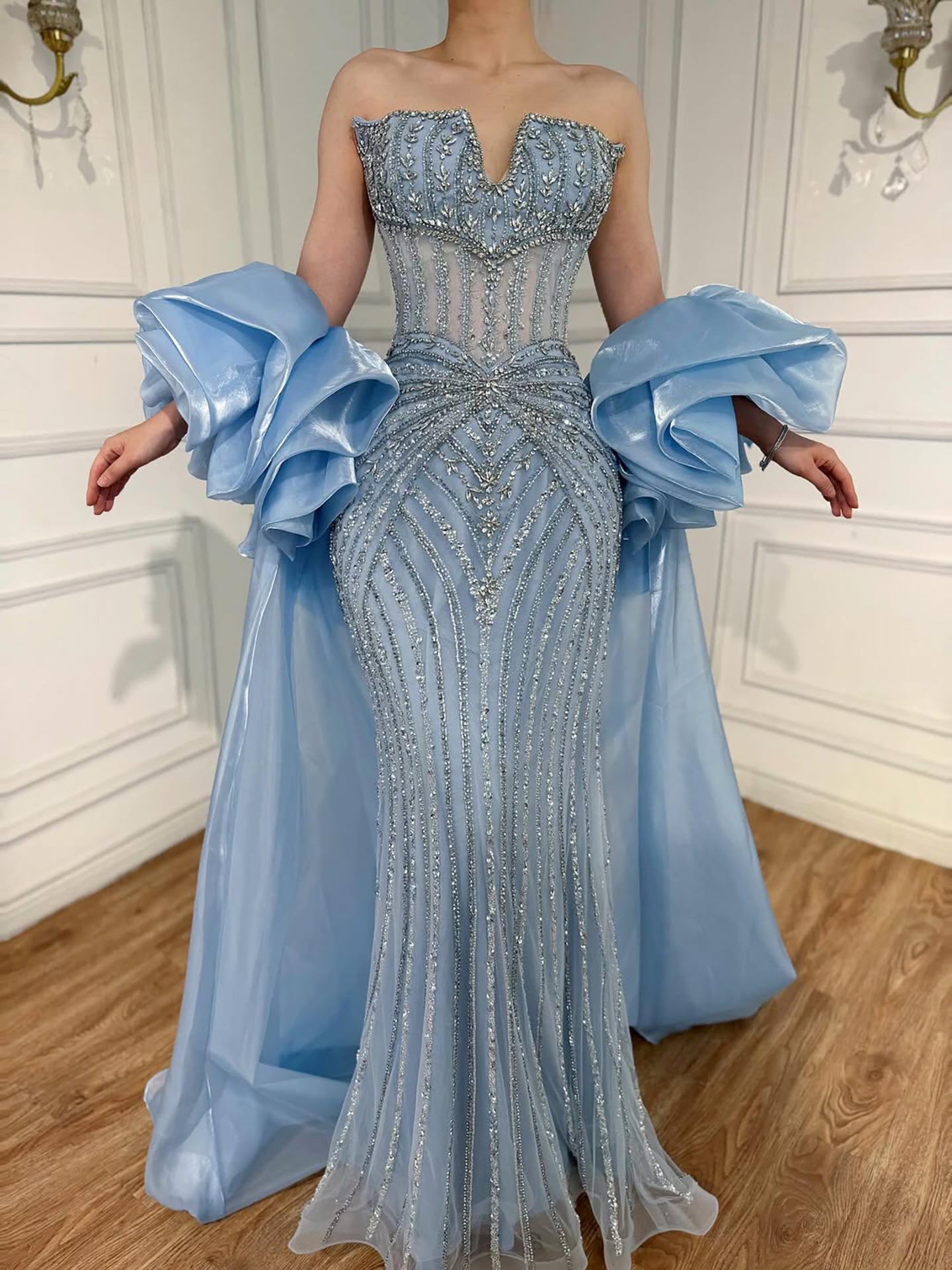 Luxury Blue Diamond Beaded Evening Dress with Ruffle Cape LA73141