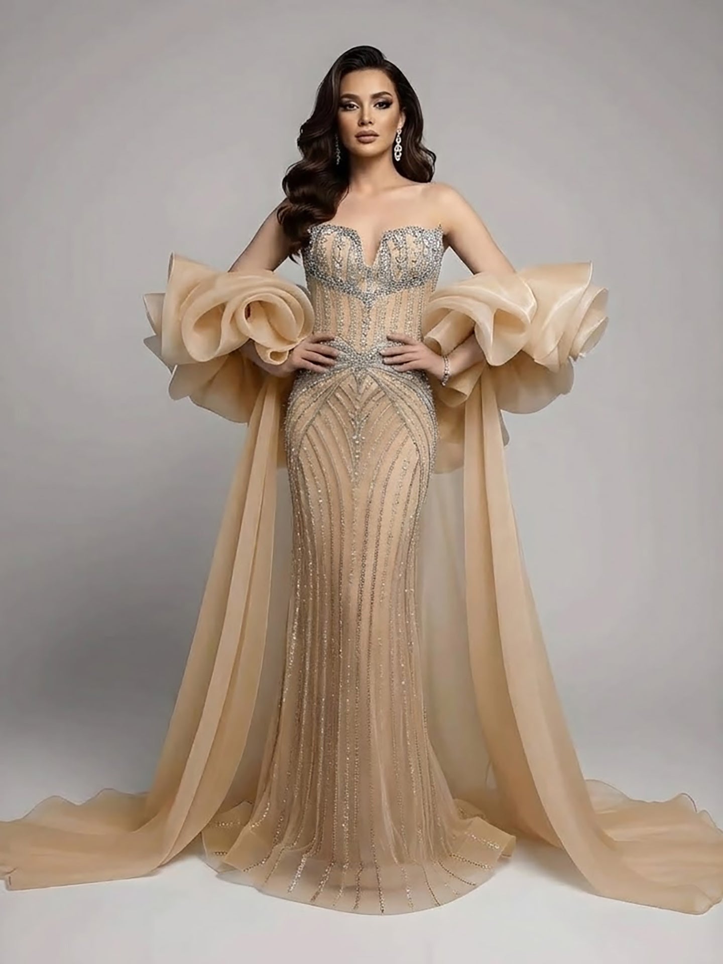 Luxury Blue Diamond Beaded Evening Dress with Ruffle Cape LA73141