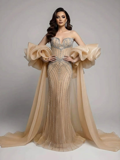 Luxury Blue Diamond Beaded Evening Dress with Ruffle Cape LA73141