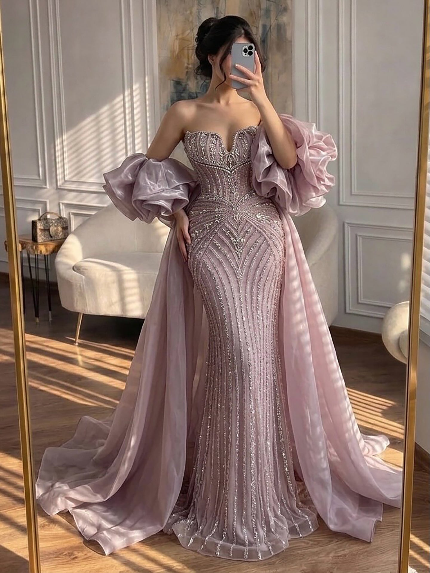 Luxury Blue Diamond Beaded Evening Dress with Ruffle Cape LA73141