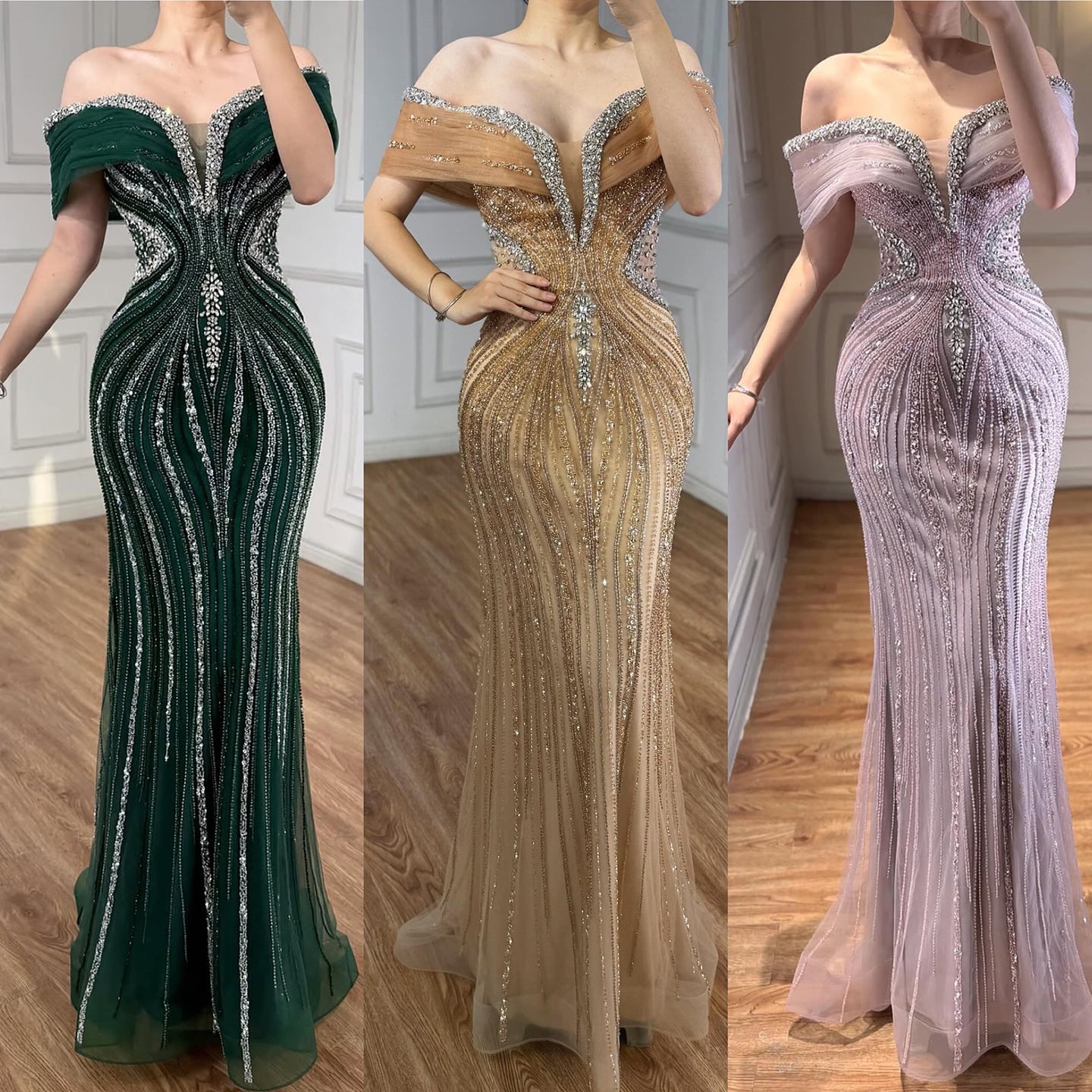 Luxury Gold Crystal Beaded Mermaid Evening Dress Party Gown LA73142A