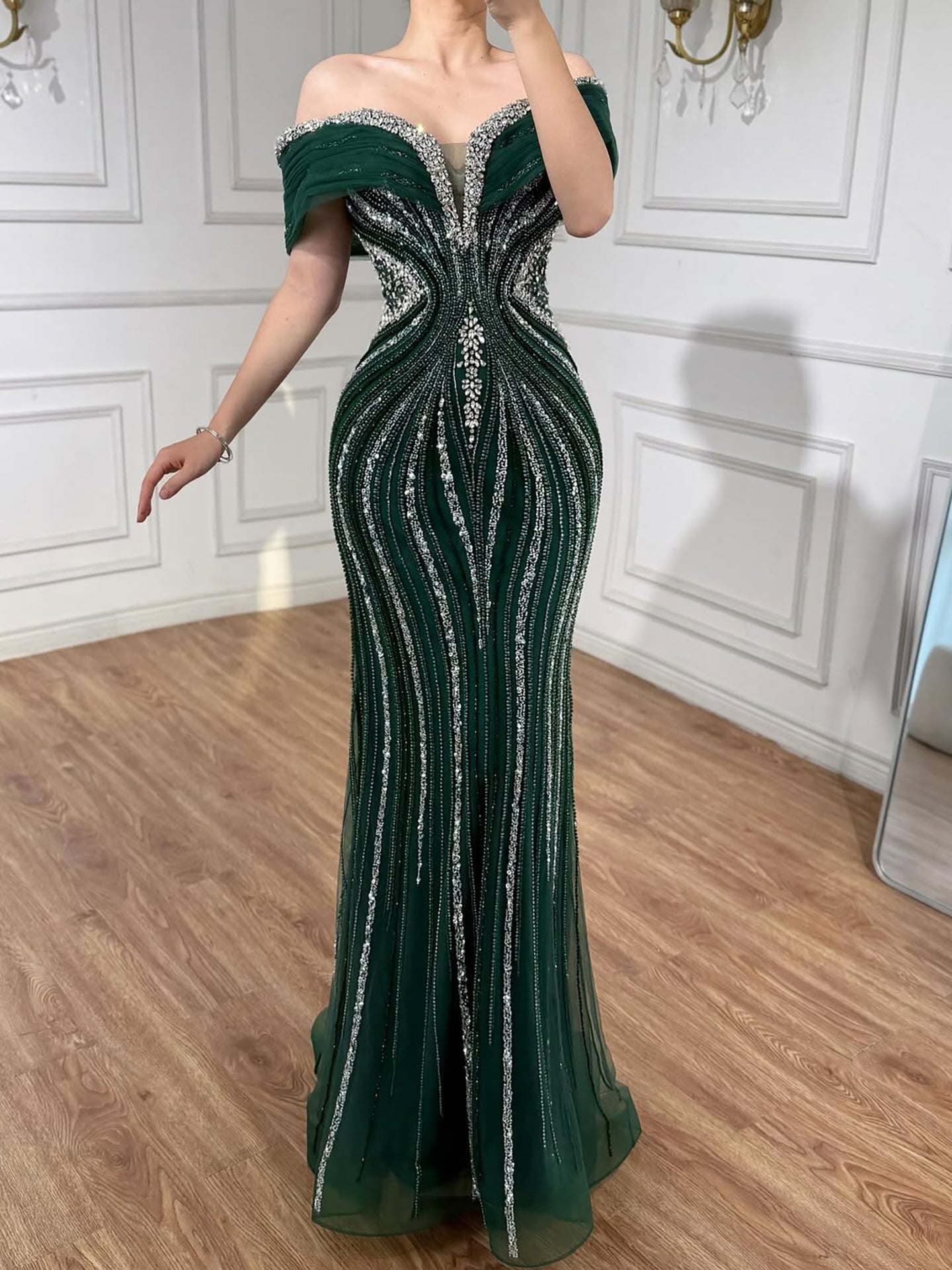 Luxury Gold Crystal Beaded Mermaid Evening Dress Party Gown LA73142A