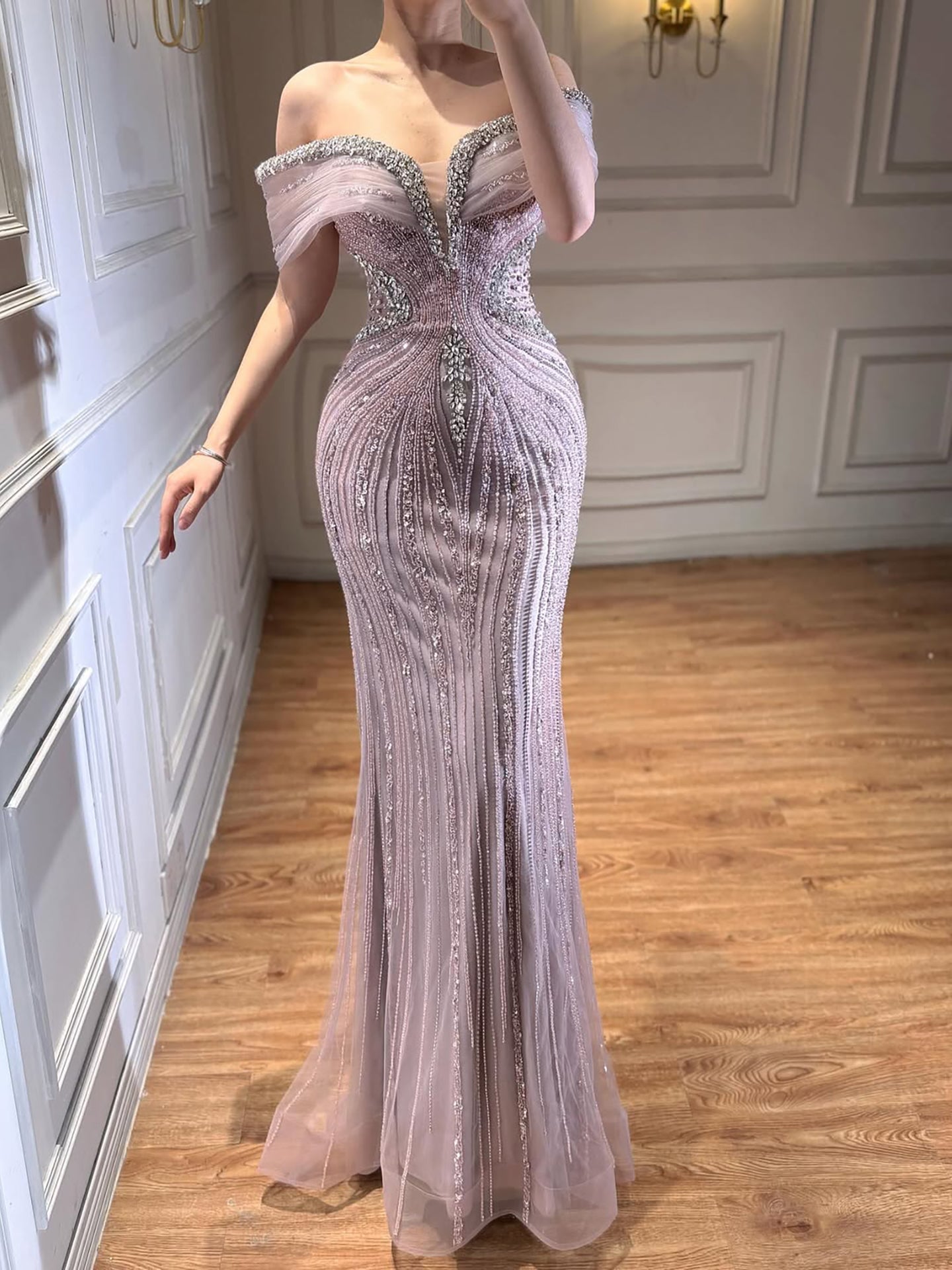 Luxury Gold Crystal Beaded Mermaid Evening Dress Party Gown LA73142A
