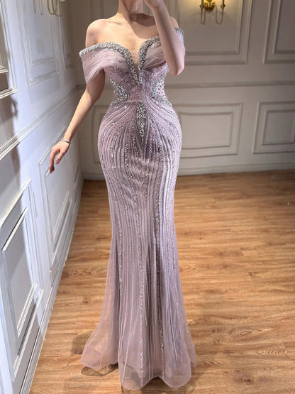 Luxury Gold Crystal Beaded Mermaid Evening Dress Party Gown LA73142A