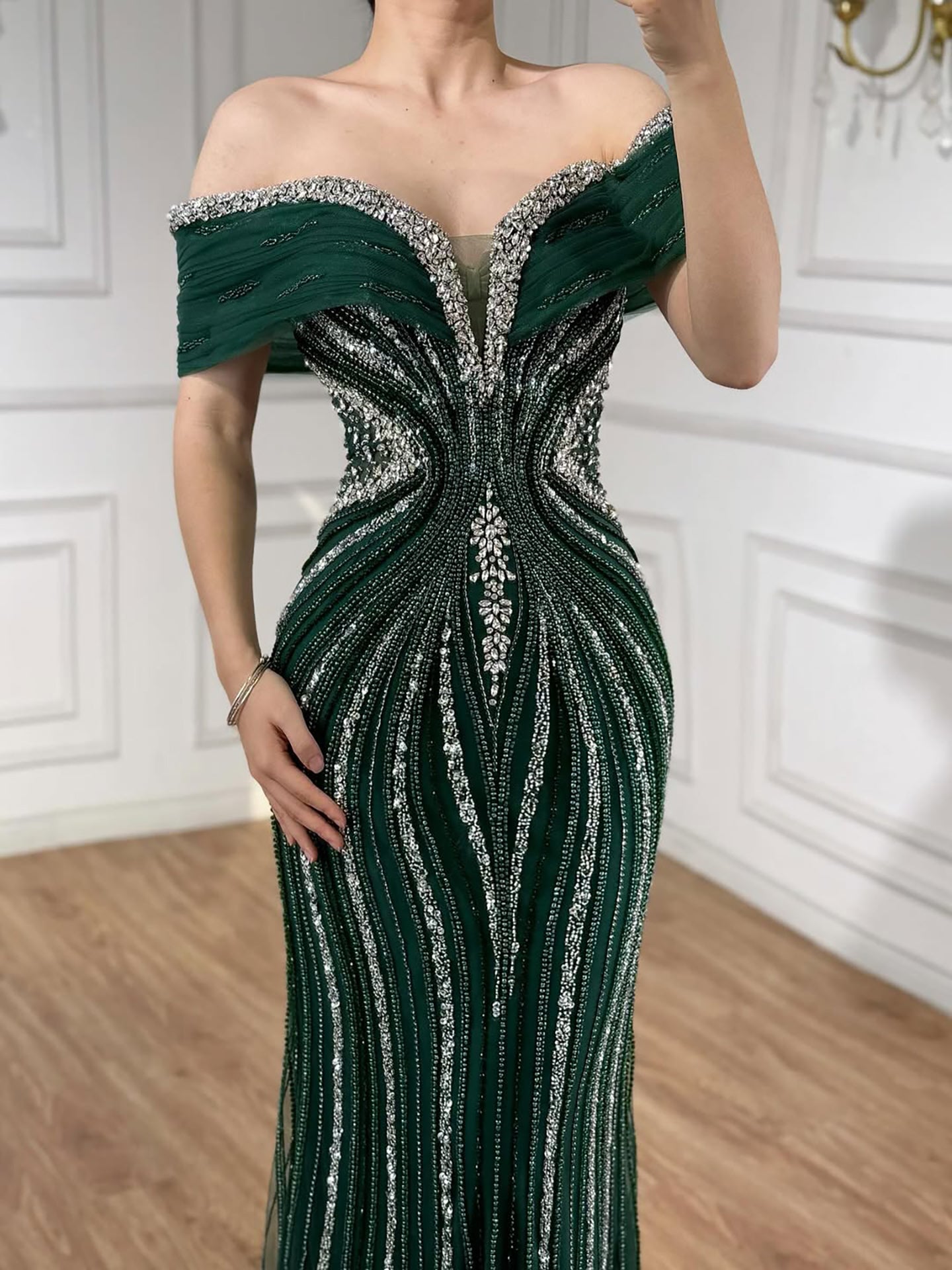 Luxury Gold Crystal Beaded Mermaid Evening Dress Party Gown LA73142A