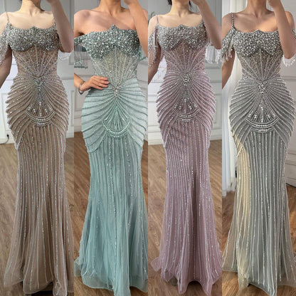 Luxury Nude Pearls Beaded Mermaid Evening Dress Off-the-Shoulder LA73148
