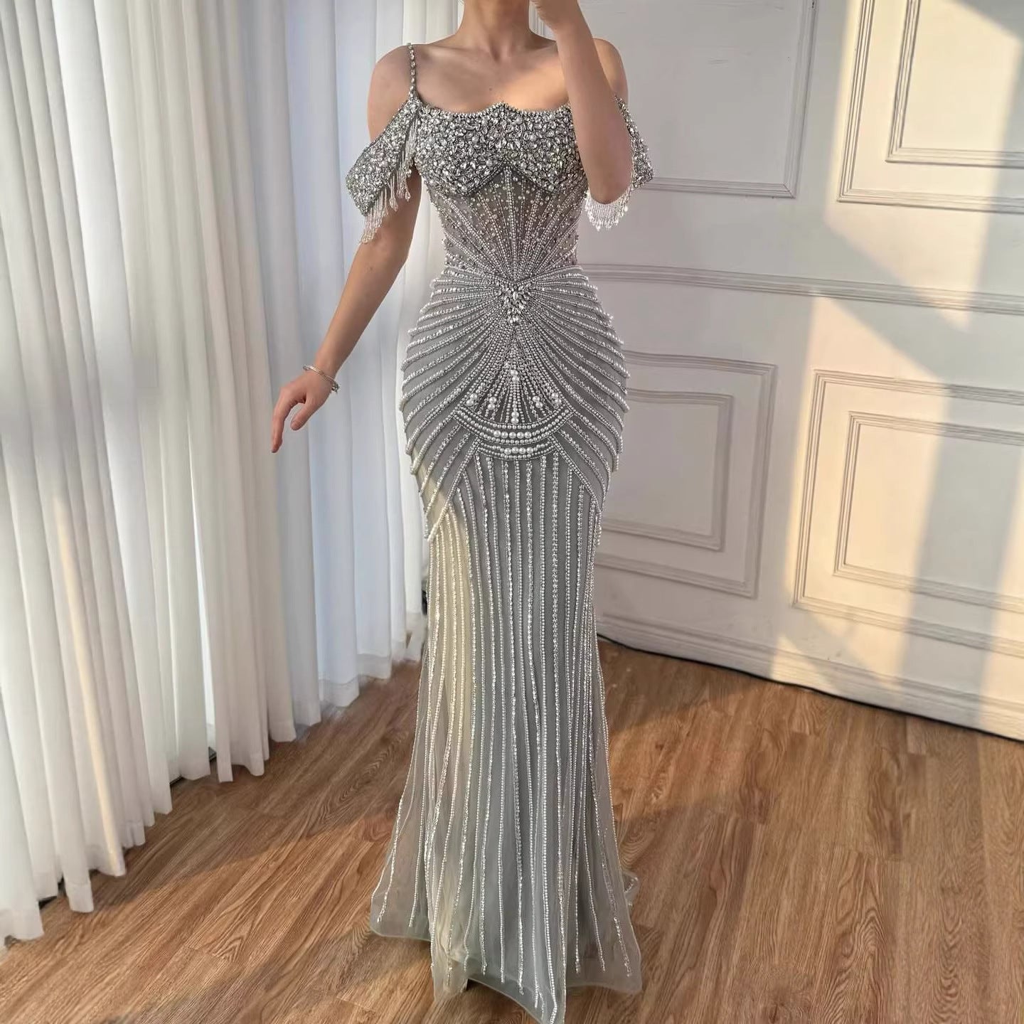 Luxury Nude Pearls Beaded Mermaid Evening Dress Off-the-Shoulder LA73148