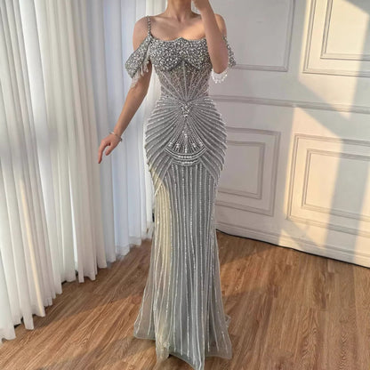 Luxury Nude Pearls Beaded Mermaid Evening Dress Off-the-Shoulder LA73148