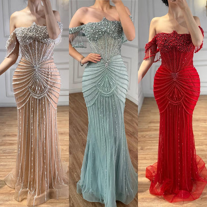 Elegant Nude Pearls Beaded Mermaid Evening Dress Party Gown LA73148A