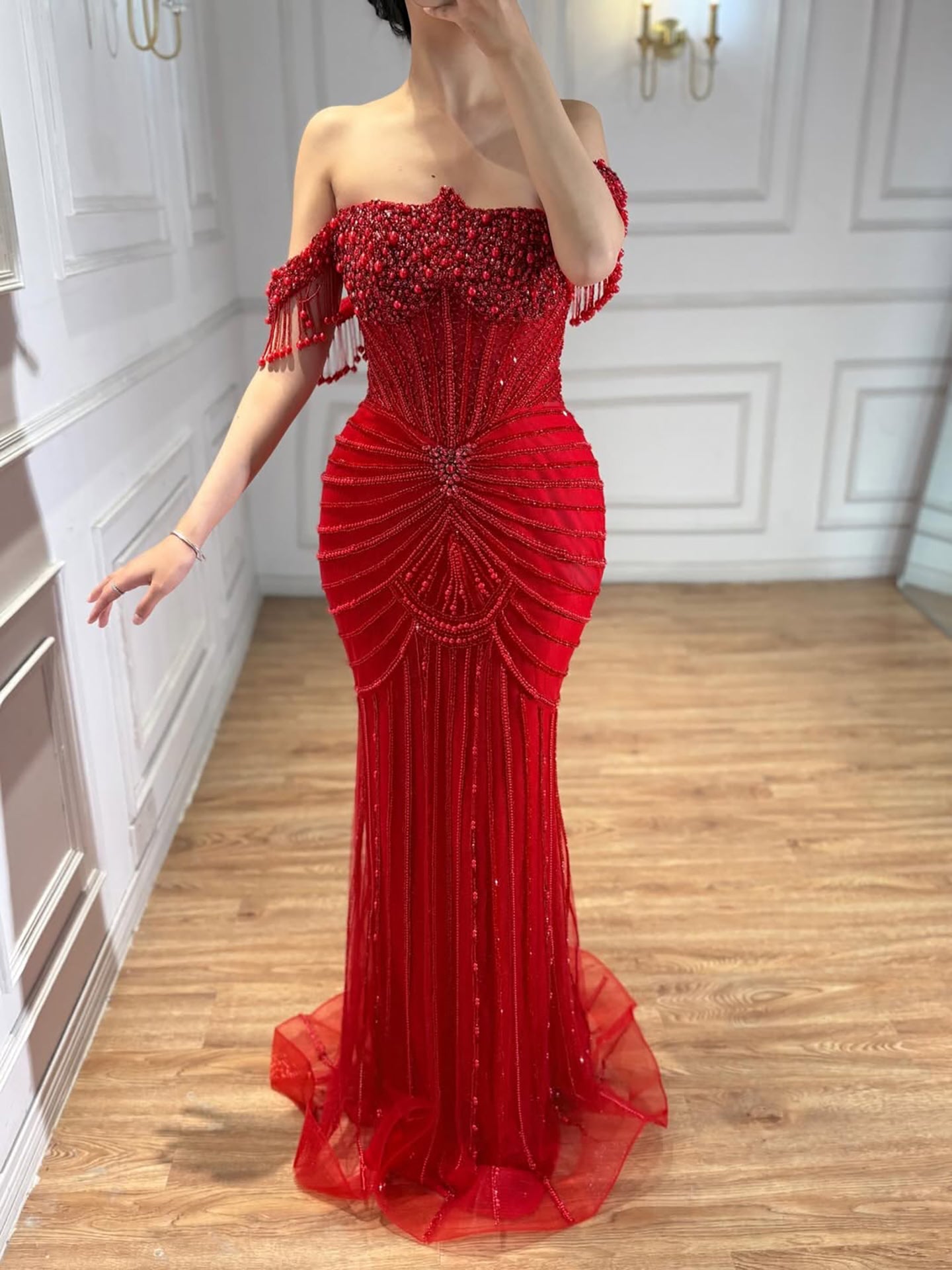 Elegant Nude Pearls Beaded Mermaid Evening Dress Party Gown LA73148A