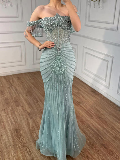 Elegant Nude Pearls Beaded Mermaid Evening Dress Party Gown LA73148A