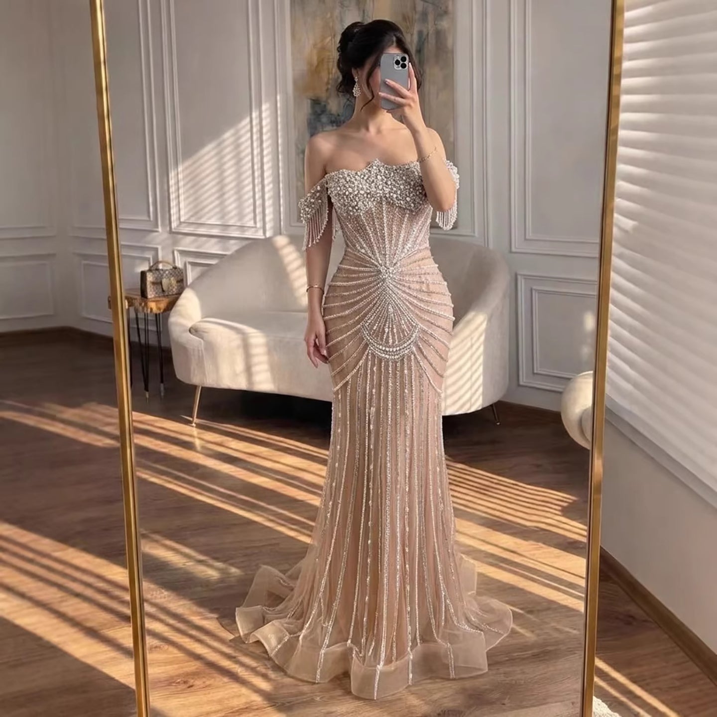 Elegant Nude Pearls Beaded Mermaid Evening Dress Party Gown LA73148A