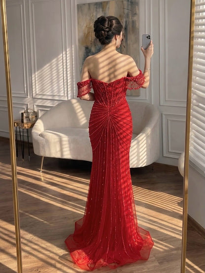 Elegant Nude Pearls Beaded Mermaid Evening Dress Party Gown LA73148A
