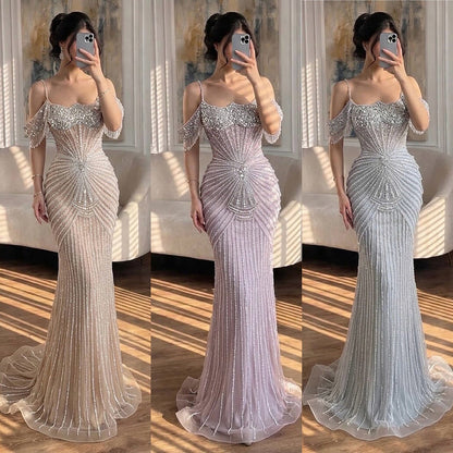 Nude Heavy Beaded Off-the-Shoulder Mermaid Evening Dress LA73148E