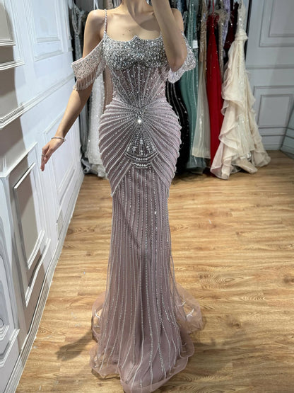 Nude Heavy Beaded Off-the-Shoulder Mermaid Evening Dress LA73148E