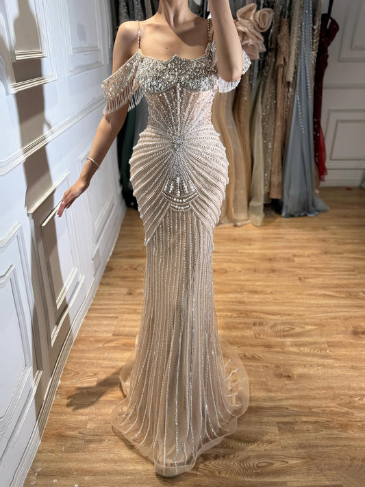 Nude Heavy Beaded Off-the-Shoulder Mermaid Evening Dress LA73148E