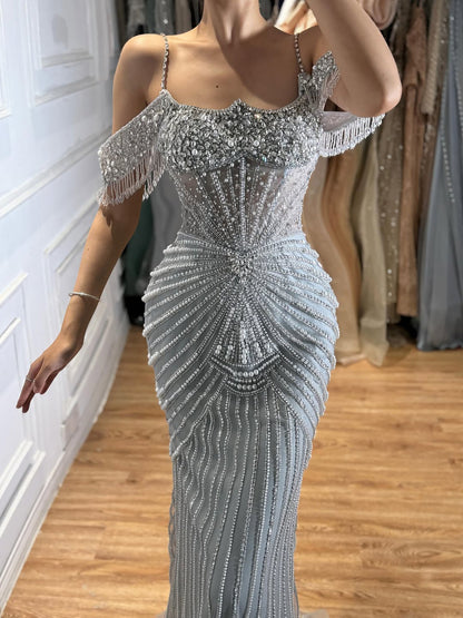 Nude Heavy Beaded Off-the-Shoulder Mermaid Evening Dress LA73148E