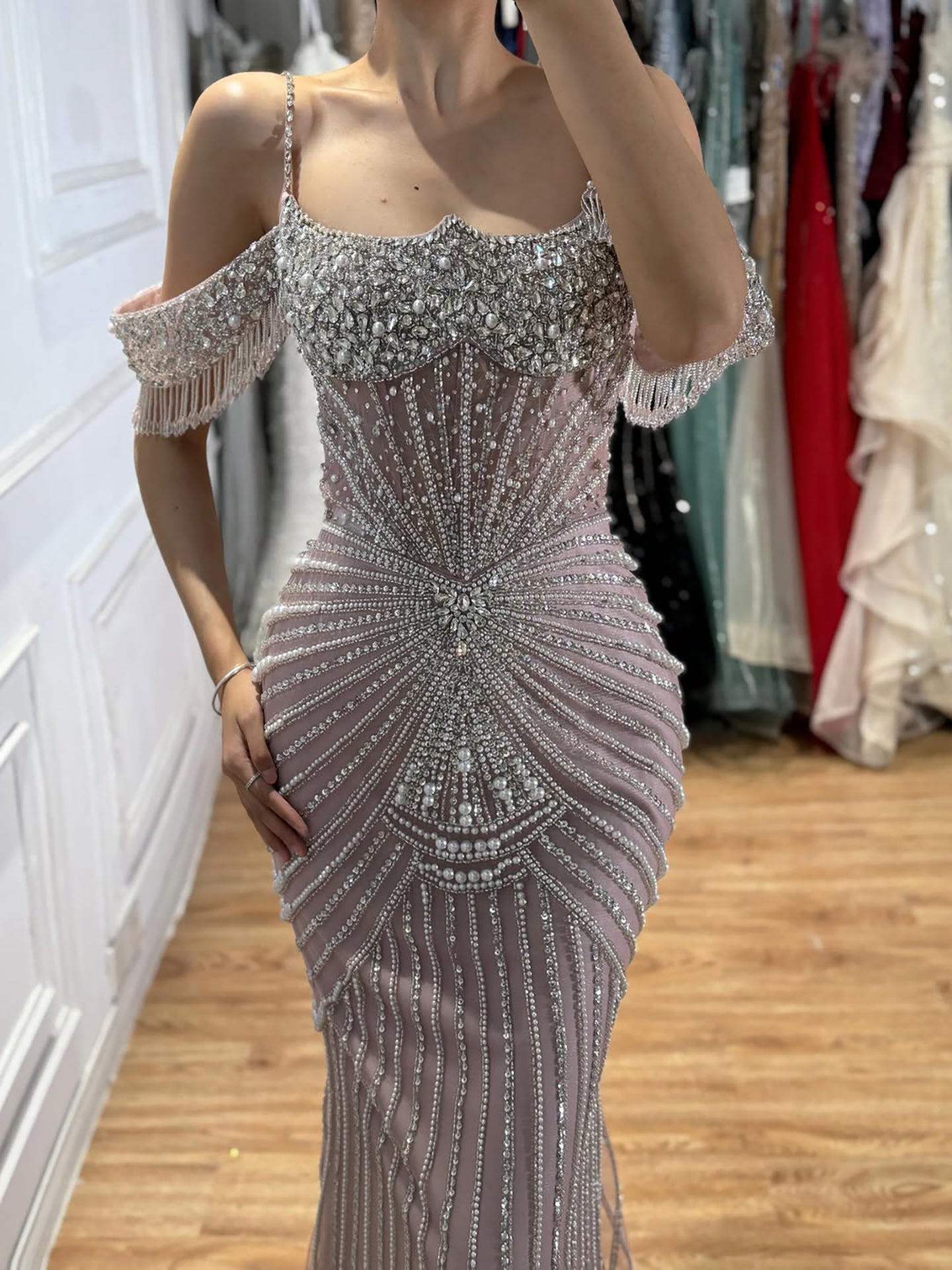 Nude Heavy Beaded Off-the-Shoulder Mermaid Evening Dress LA73148E