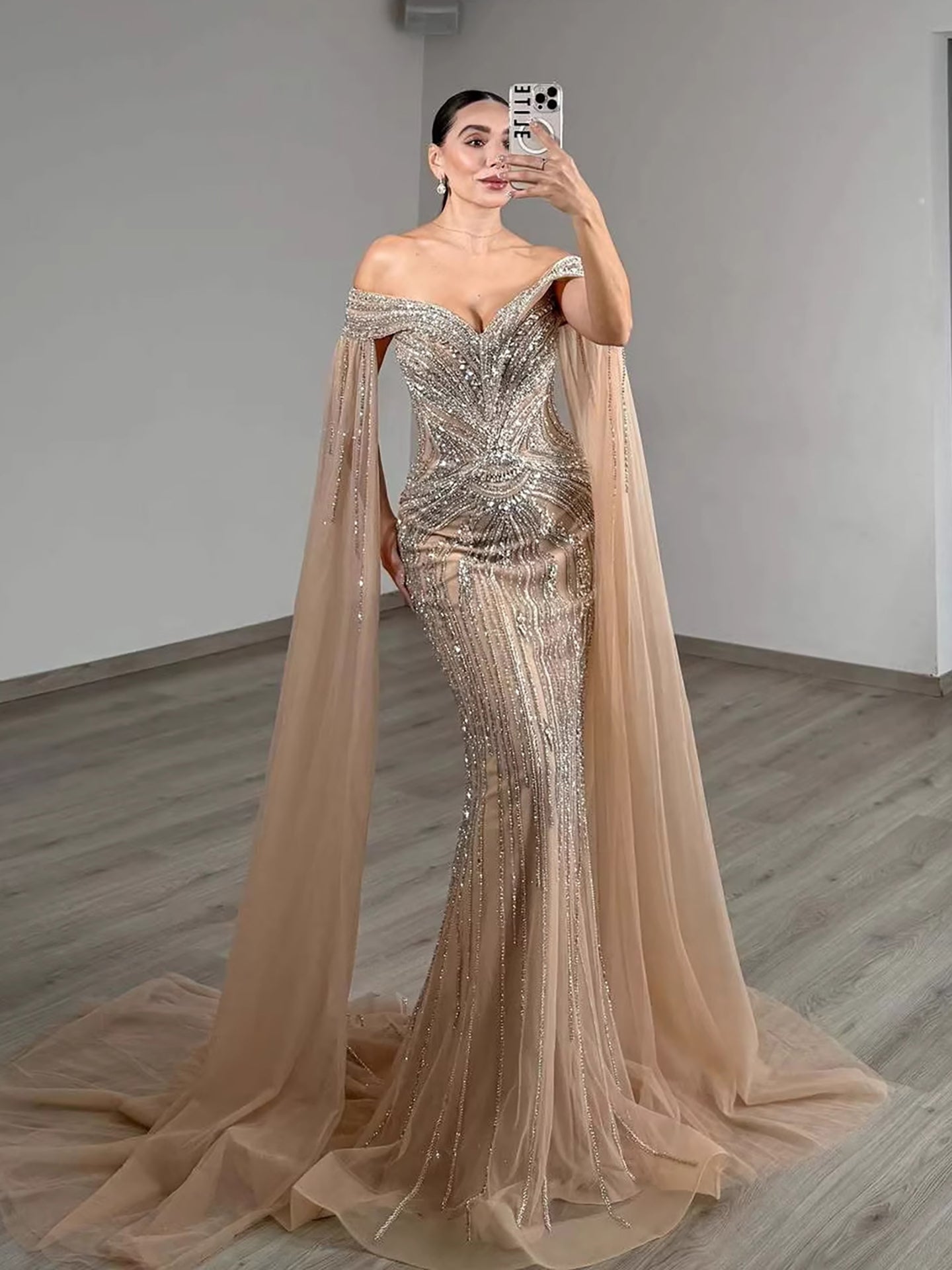 Blue Beaded Off Shoulder Saudi Arabic Luxury Evening Dress LA73151