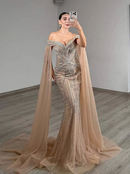 Blue Beaded Off Shoulder Saudi Arabic Luxury Evening Dress LA73151