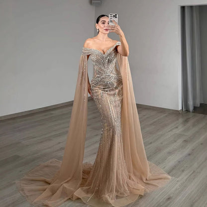 Blue Beaded Off Shoulder Saudi Arabic Luxury Evening Dress LA73151