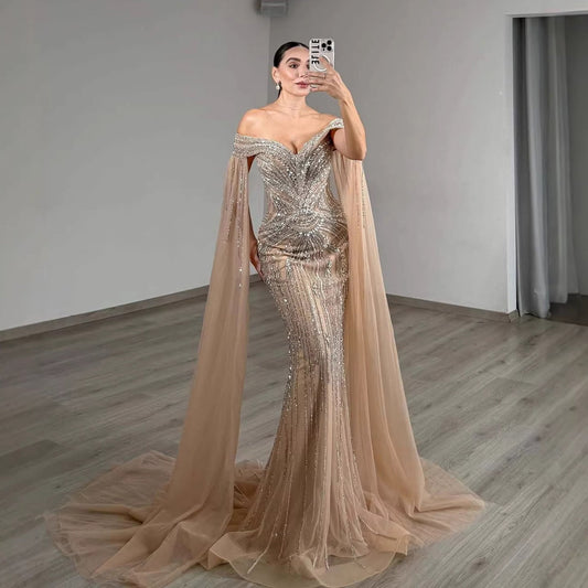 Blue Beaded Off Shoulder Saudi Arabic Luxury Evening Dress LA73151
