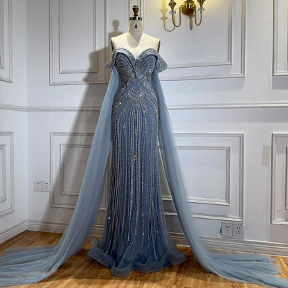 Blue Beaded Off Shoulder Saudi Arabic Luxury Evening Dress LA73151