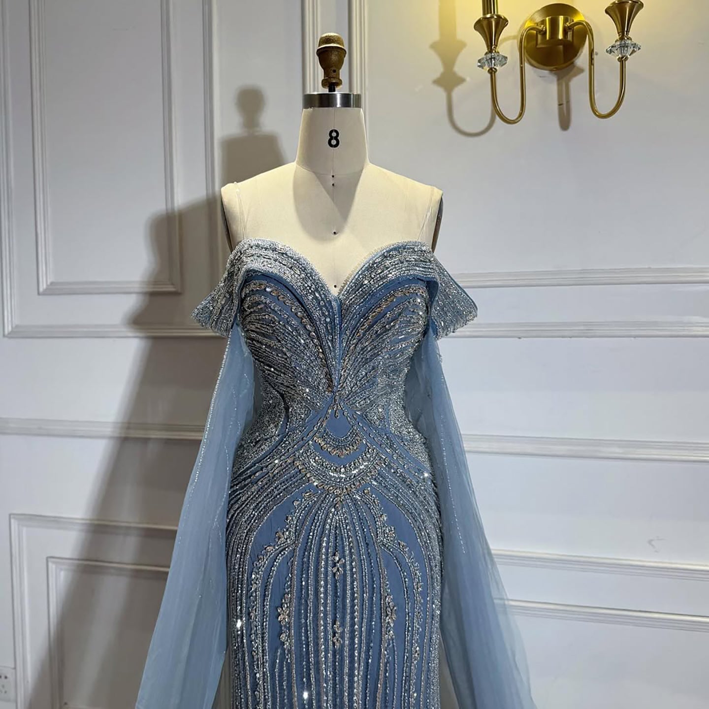 Blue Beaded Off Shoulder Saudi Arabic Luxury Evening Dress LA73151