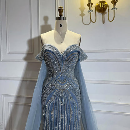Blue Beaded Off Shoulder Saudi Arabic Luxury Evening Dress LA73151