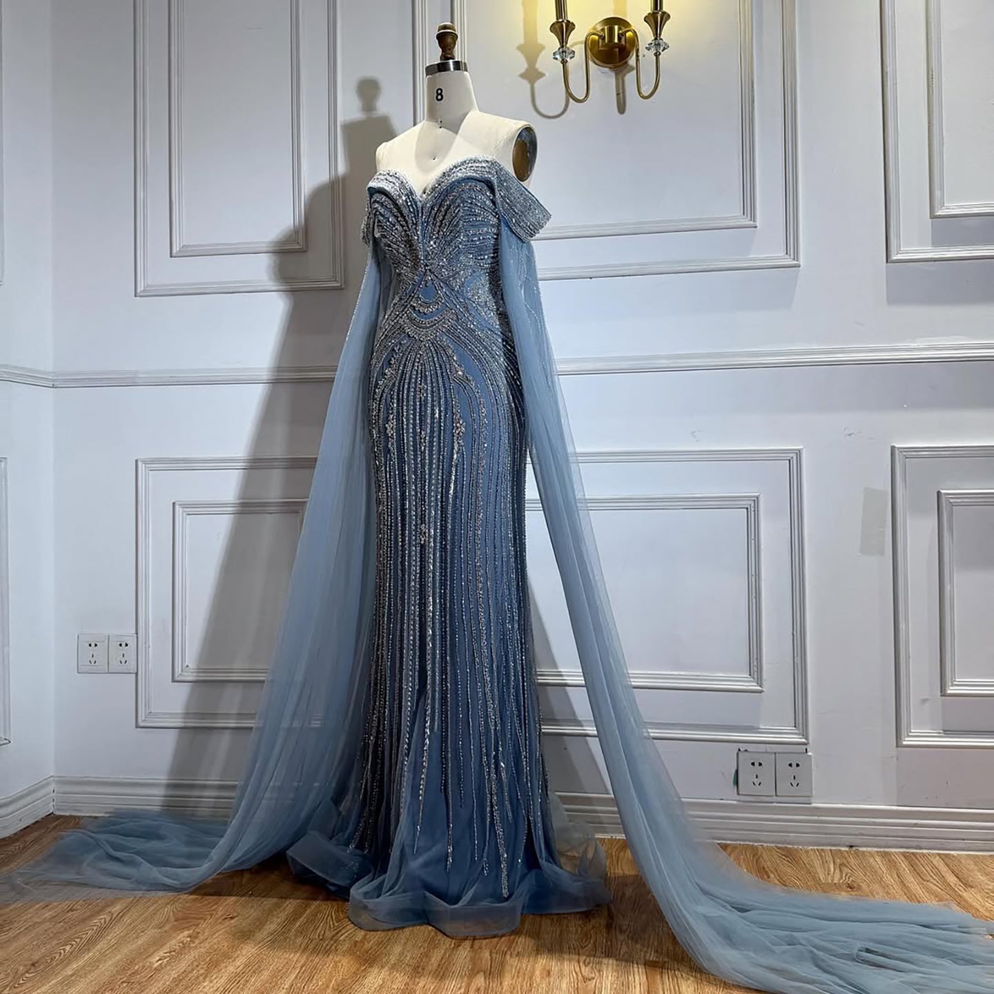 Blue Beaded Off Shoulder Saudi Arabic Luxury Evening Dress LA73151
