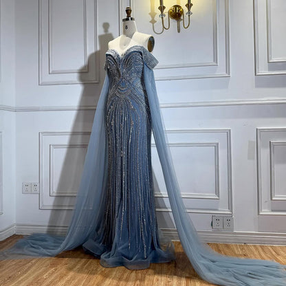 Blue Beaded Off Shoulder Saudi Arabic Luxury Evening Dress LA73151