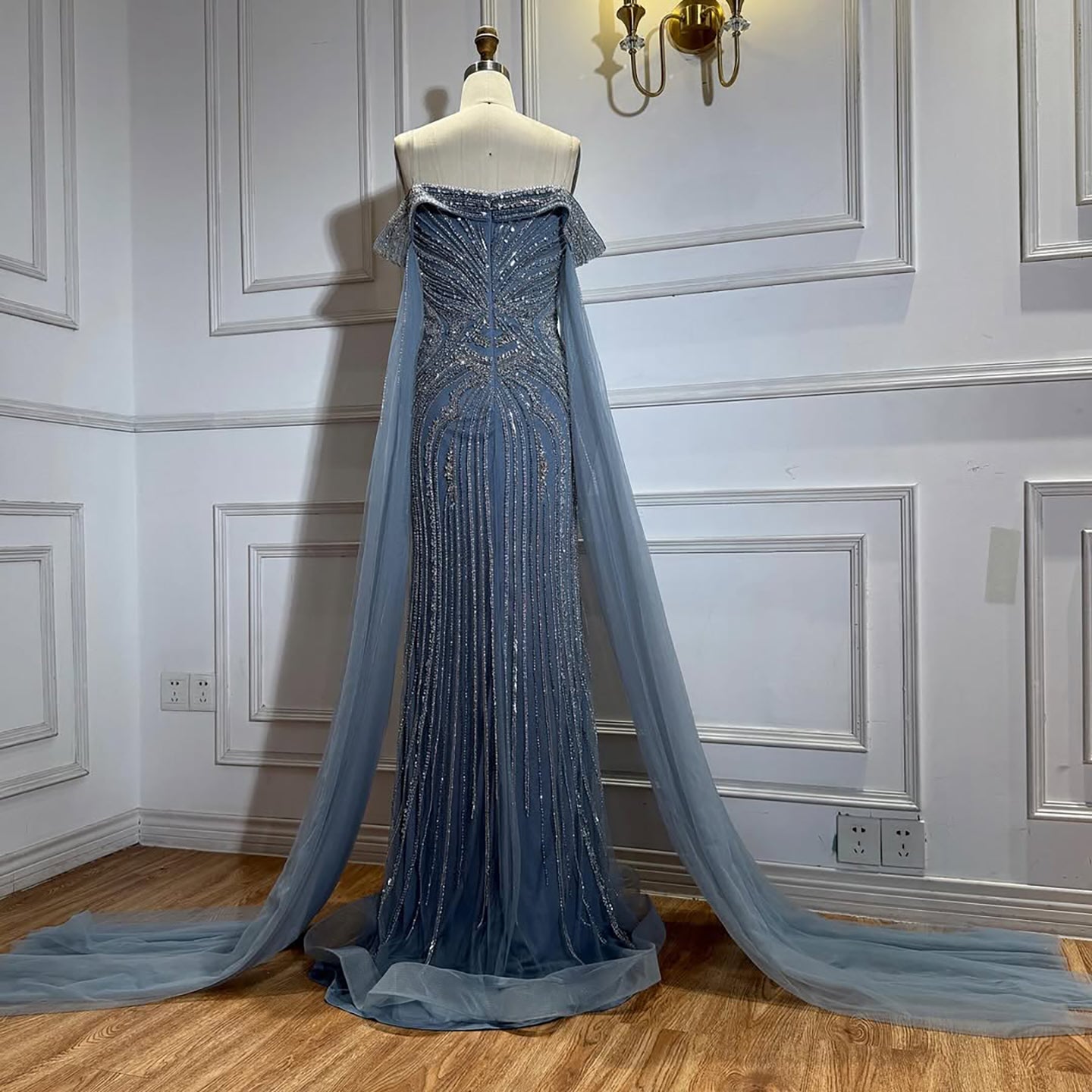 Blue Beaded Off Shoulder Saudi Arabic Luxury Evening Dress LA73151