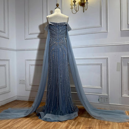 Blue Beaded Off Shoulder Saudi Arabic Luxury Evening Dress LA73151