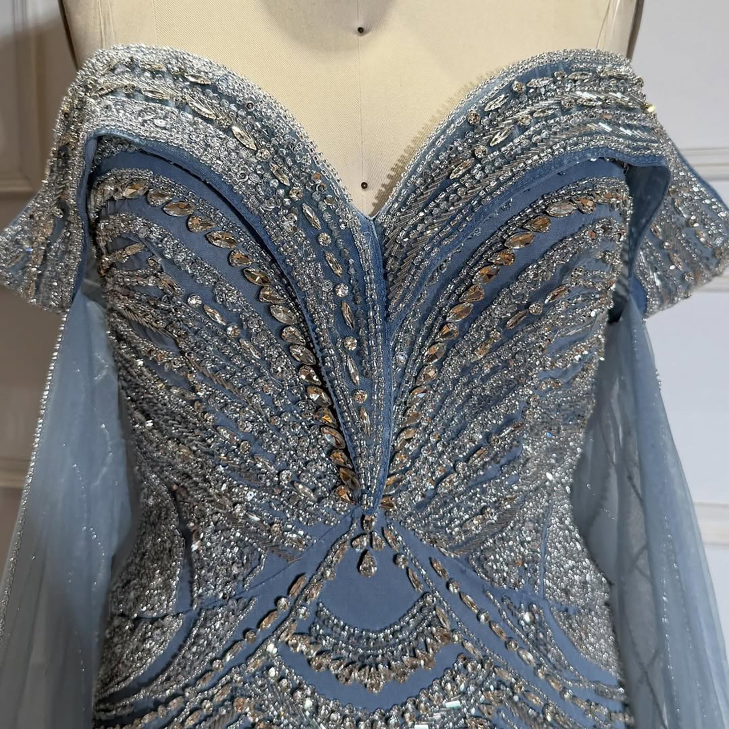 Blue Beaded Off Shoulder Saudi Arabic Luxury Evening Dress LA73151