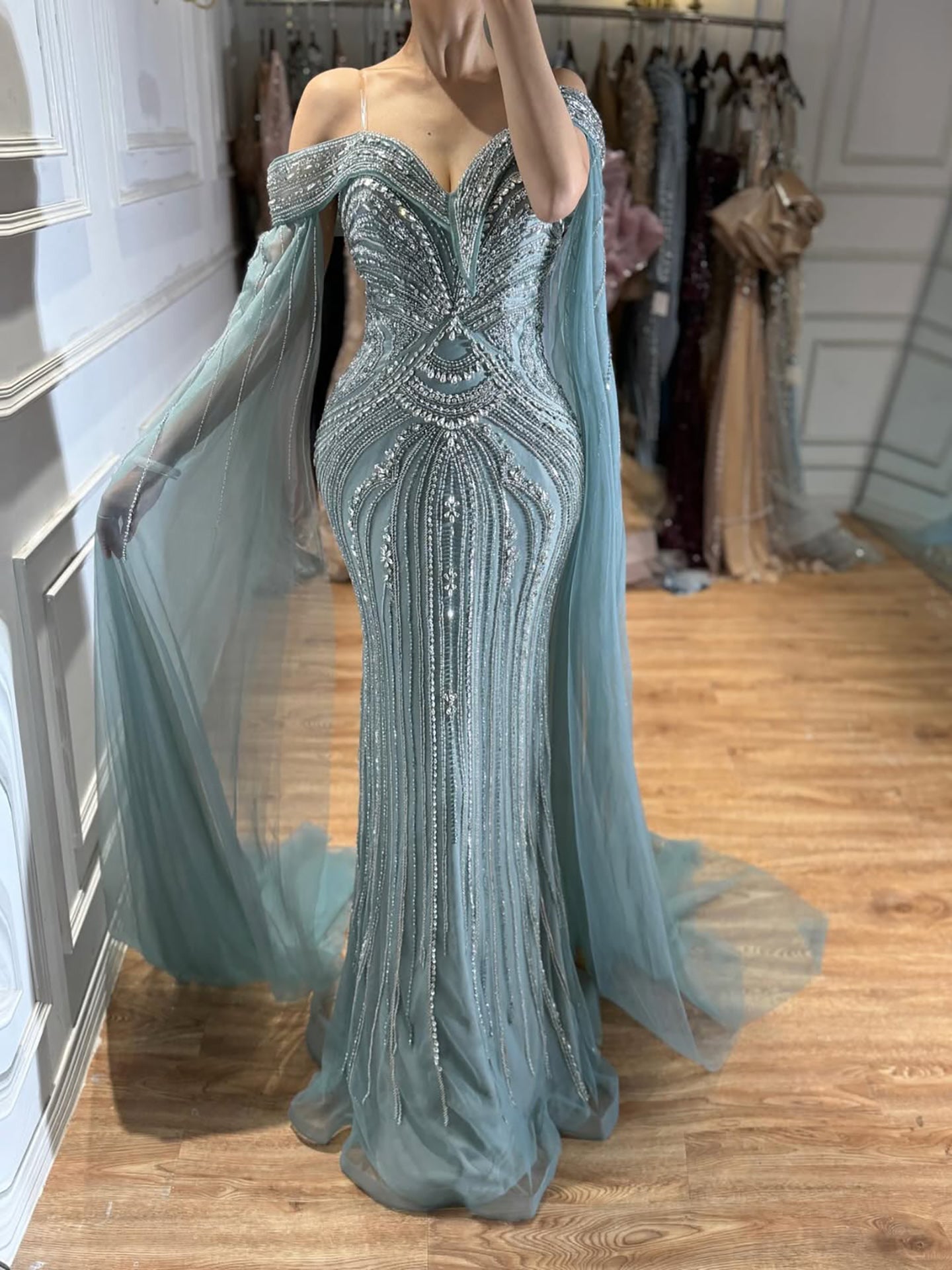 Blue Beaded Off Shoulder Saudi Arabic Luxury Evening Dress LA73151