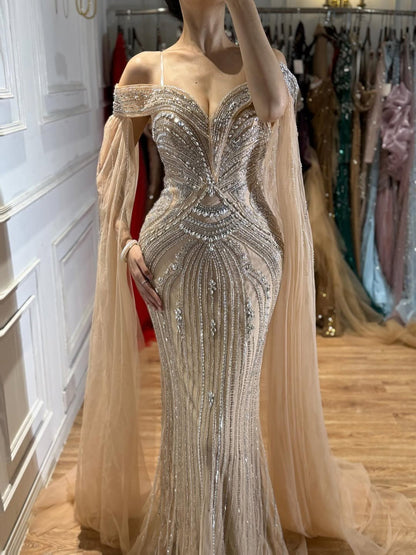 Blue Beaded Off Shoulder Saudi Arabic Luxury Evening Dress LA73151