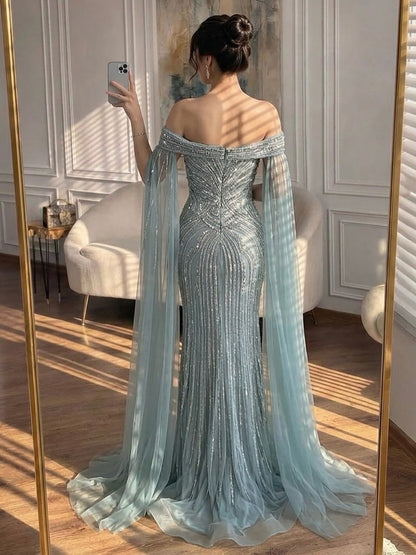 Blue Beaded Off Shoulder Saudi Arabic Luxury Evening Dress LA73151