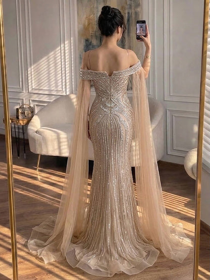 Blue Beaded Off Shoulder Saudi Arabic Luxury Evening Dress LA73151