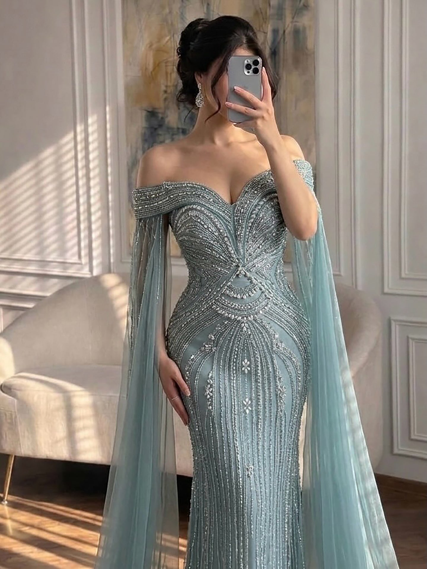 Blue Beaded Off Shoulder Saudi Arabic Luxury Evening Dress LA73151