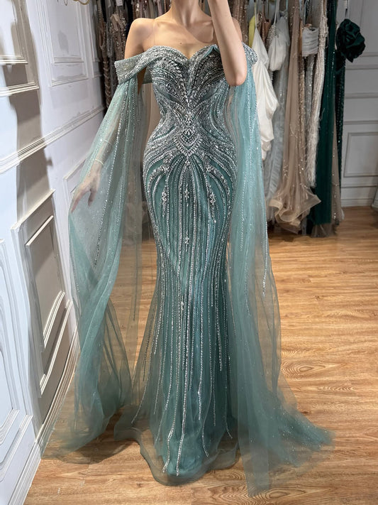 Turquoise Beaded Off-the-Shoulder Mermaid Evening Dress LA73151A