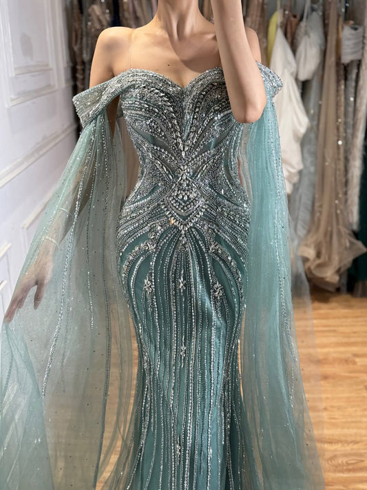 Turquoise Beaded Off-the-Shoulder Mermaid Evening Dress LA73151A