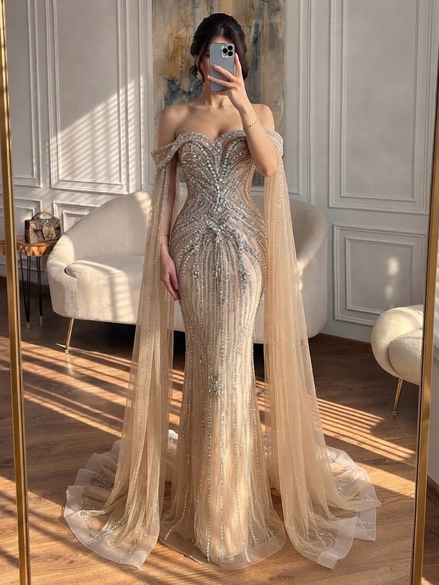 Luxury Pink Beaded Evening Dress with Cape Sleeves LA73151A