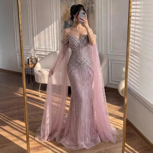 Pink Beaded Off Shoulder Mermaid Luxury Evening Dress LA73151A