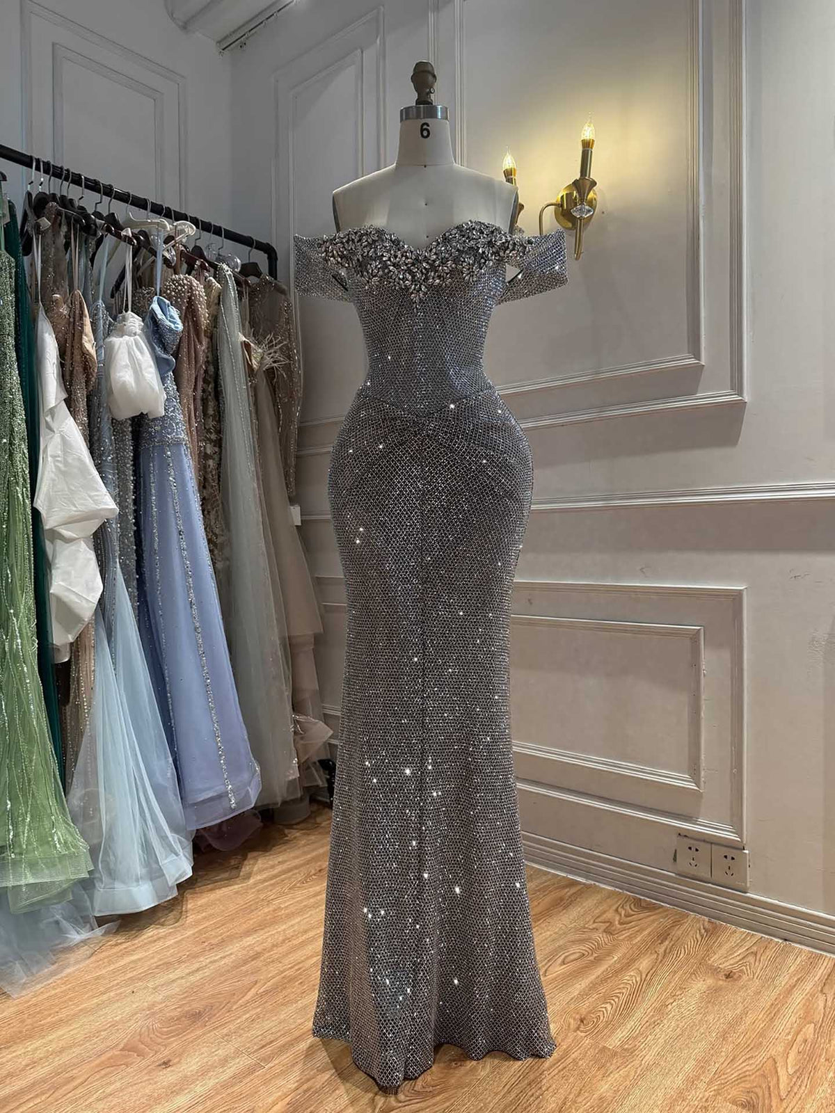 Luxury Gold Off Shoulder Deep V Crystal Beaded Mermaid Dress LA73167D