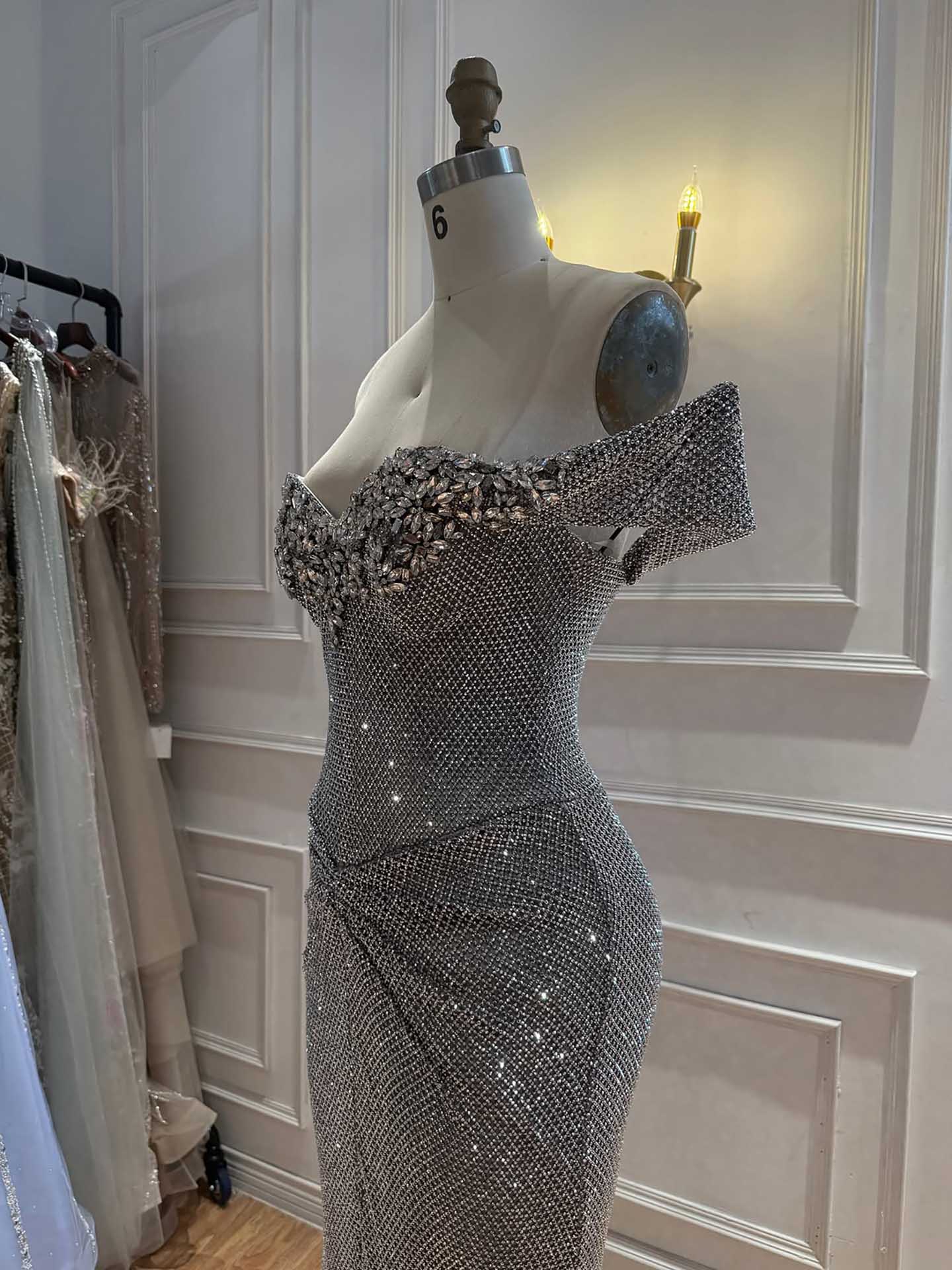 Luxury Gold Off Shoulder Deep V Crystal Beaded Mermaid Dress LA73167D