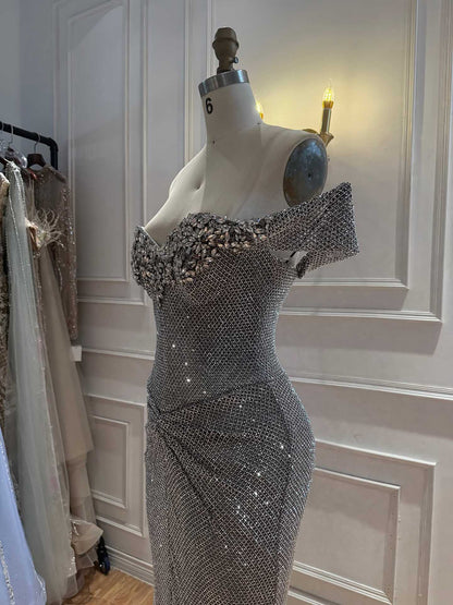 Luxury Gold Off Shoulder Deep V Crystal Beaded Mermaid Dress LA73167D
