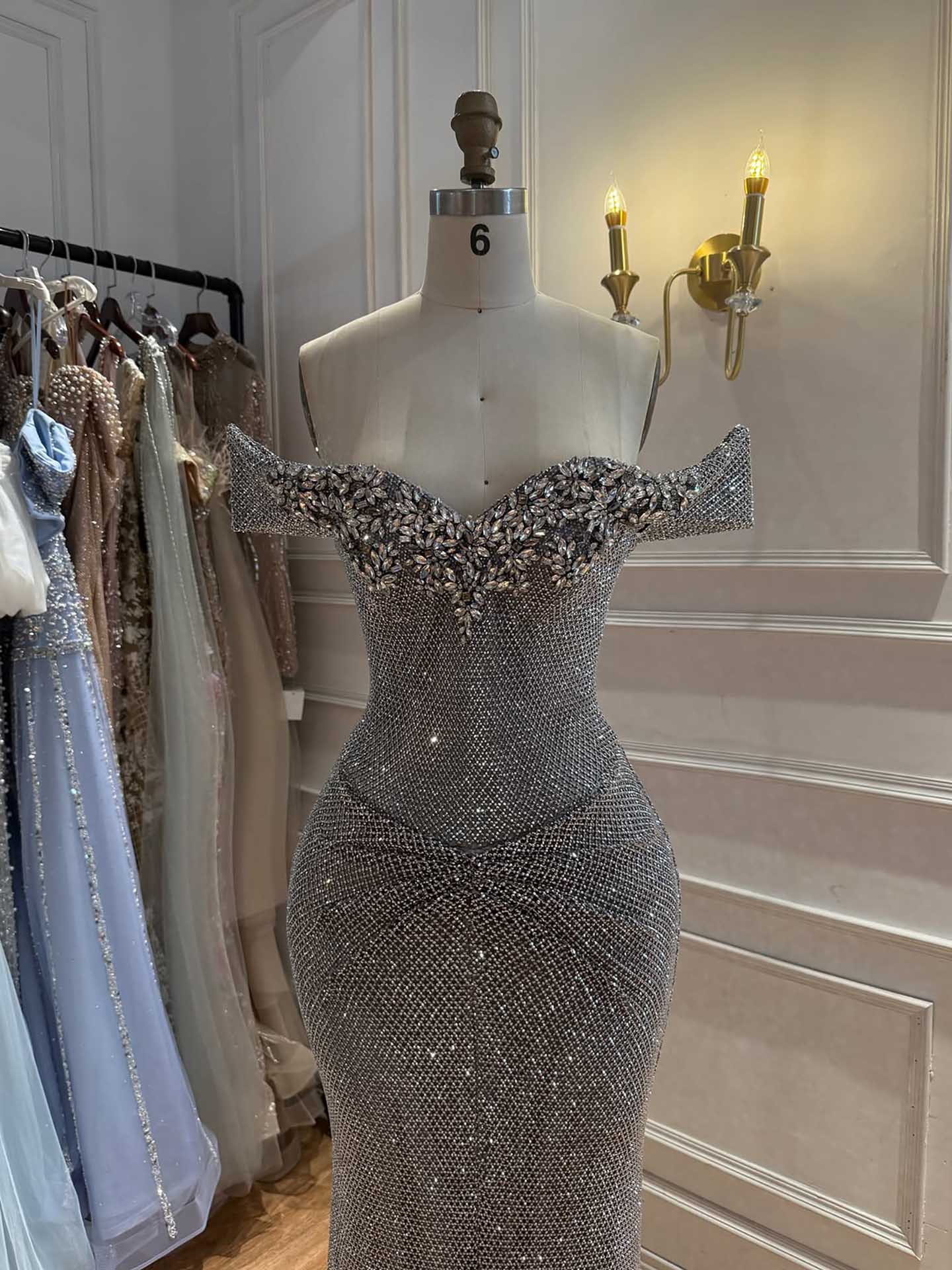 Luxury Gold Off Shoulder Deep V Crystal Beaded Mermaid Dress LA73167D