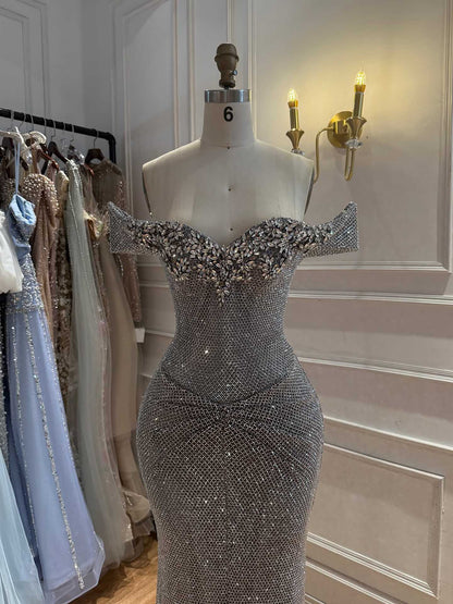 Luxury Gold Off Shoulder Deep V Crystal Beaded Mermaid Dress LA73167D